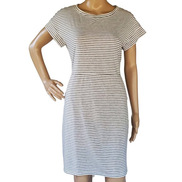 Fashion Sheath Dress Gray & White Striped Soft Casual T Shirt Tie Back Pockets - Picture 2 of 11